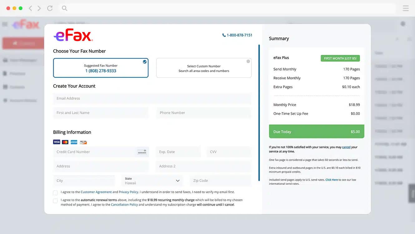 Sign up for eFax and choose a fax number.