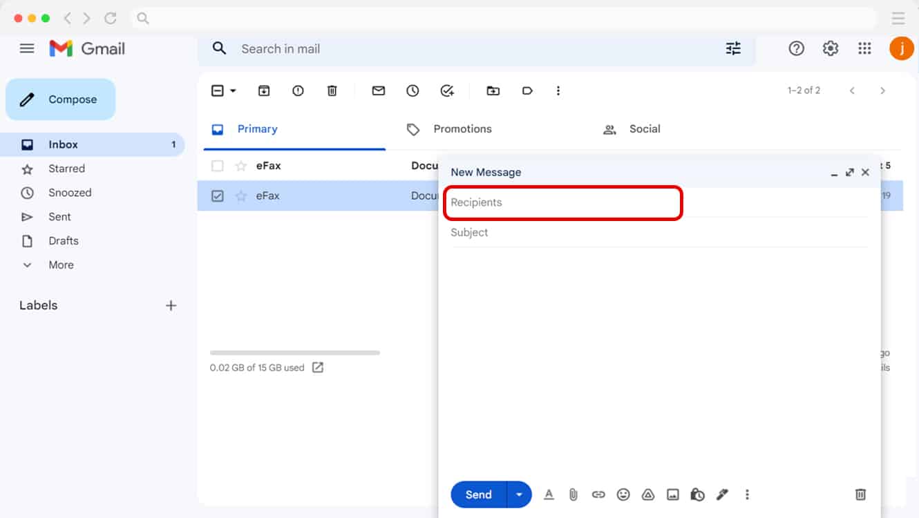 Enter recipient's fax number in Gmail for eFax