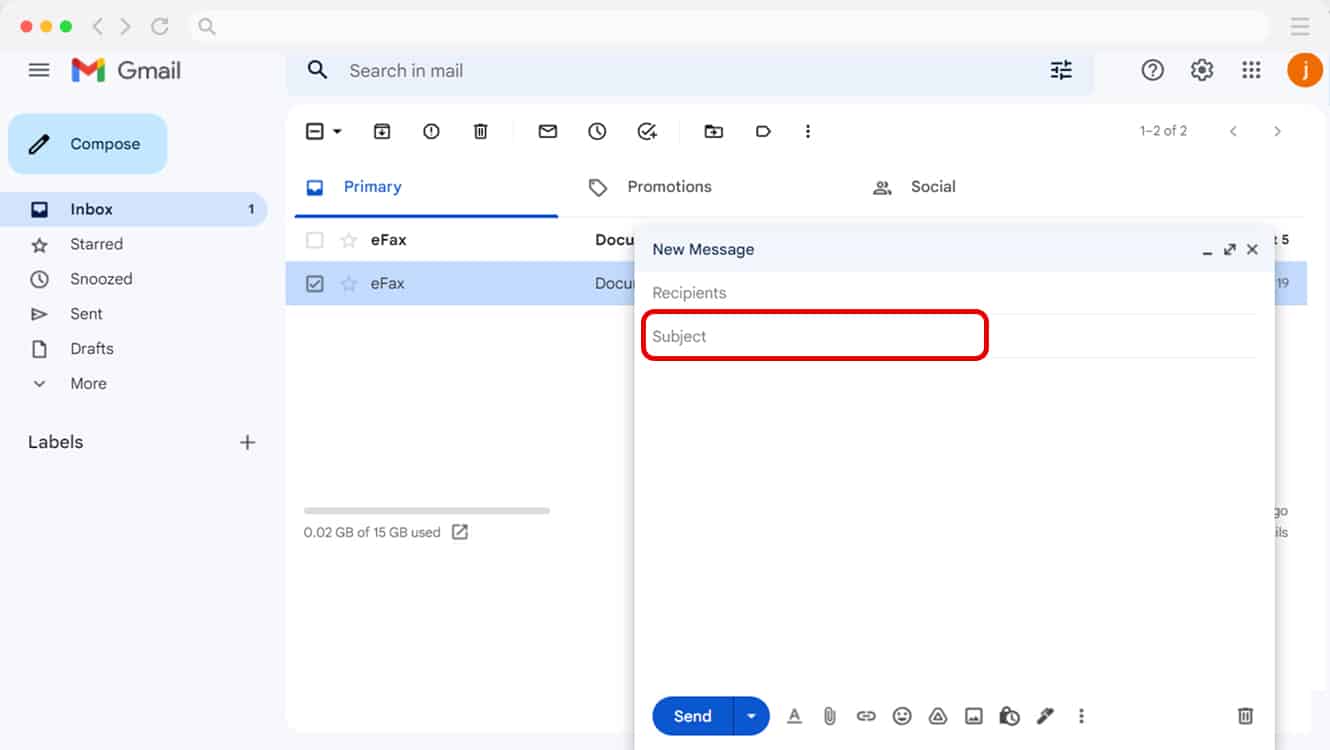 Add subject line in Gmail for eFax cover page