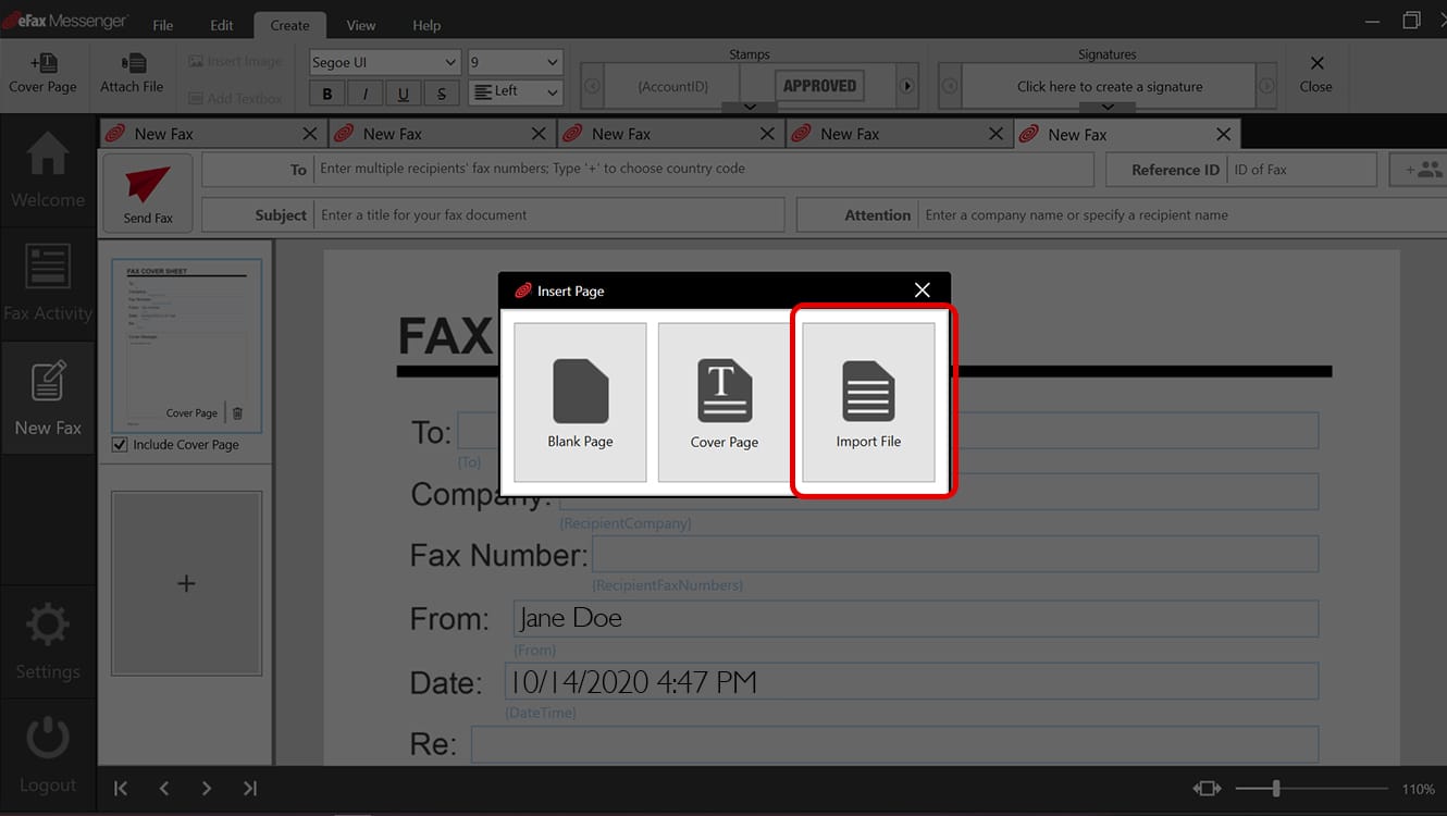 Import files to fax