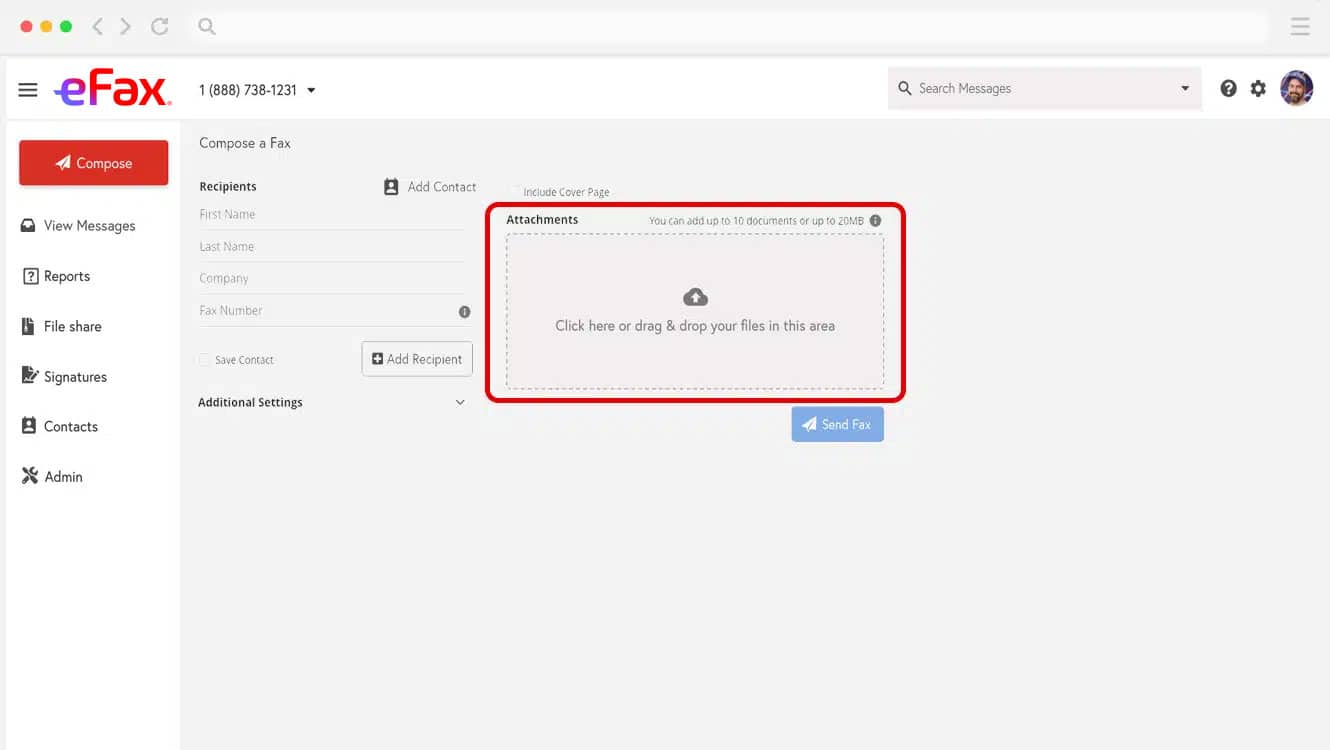 eFax attachment section highlighted for uploading fax documents