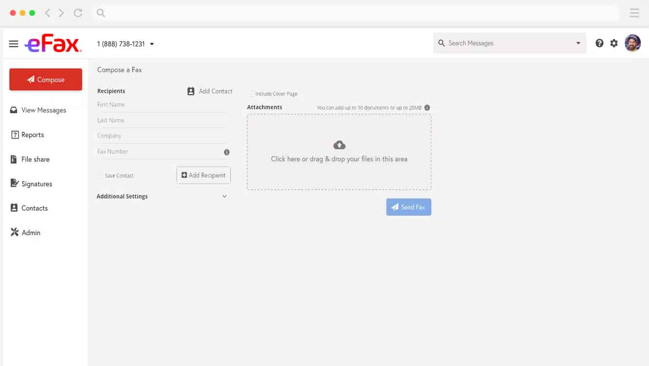 eFax compose screen for sending an online fax