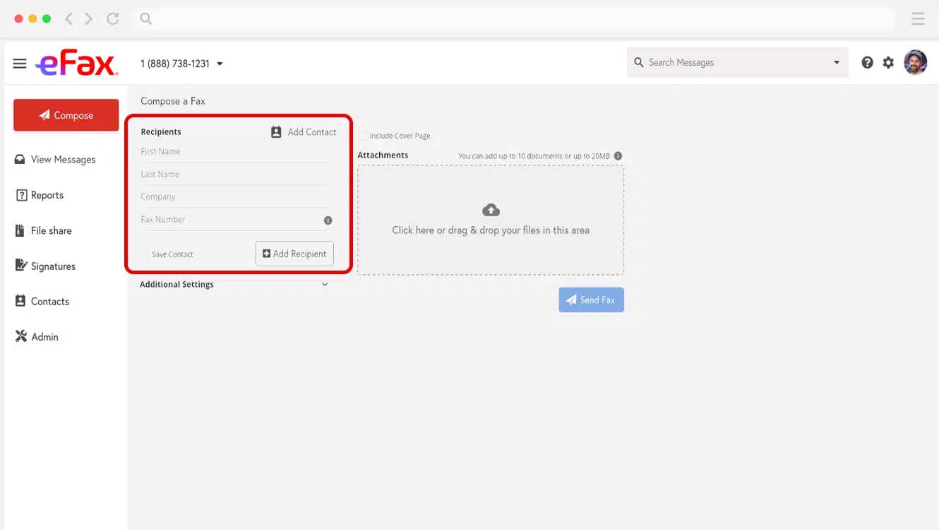 Choose a recipient from contacts or manually enter name and company.