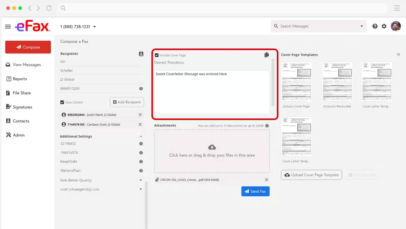 Add a cover page to your eFax message