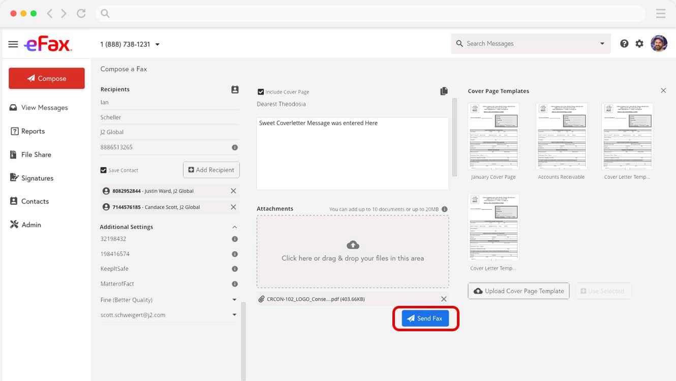 Click send to fax documents with eFax