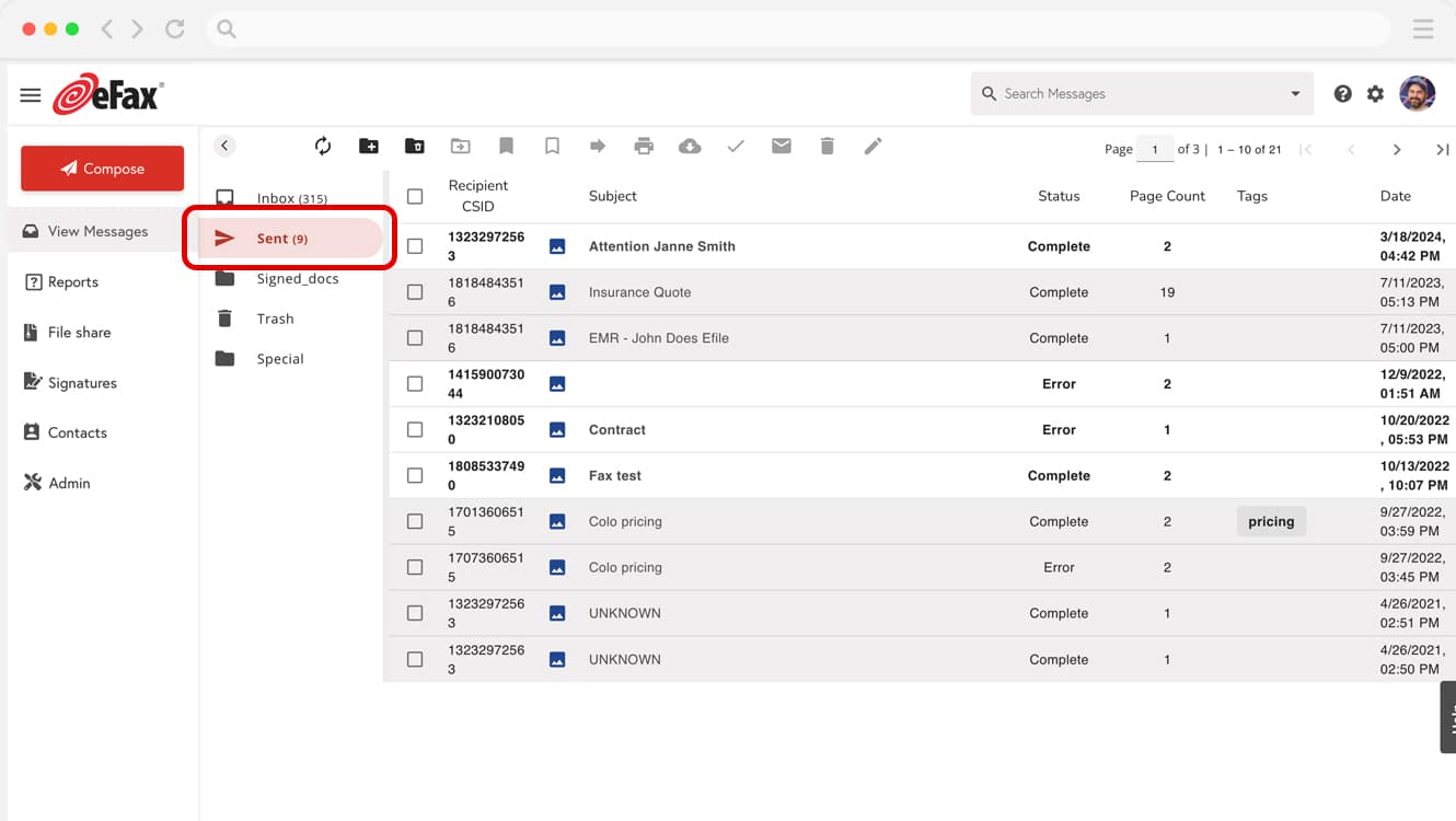 eFax sent messages folder highlighted, showing fax status