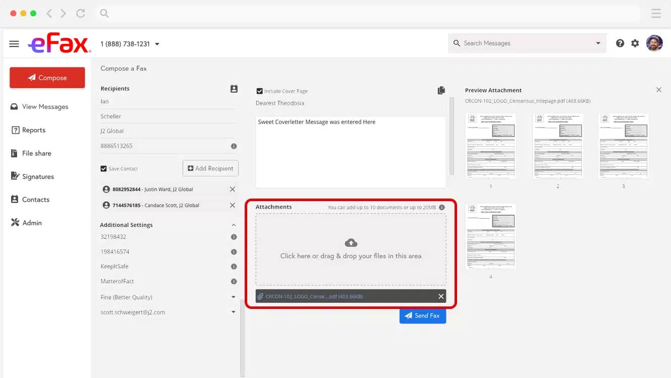 Attach multiple documents for eFax transmission