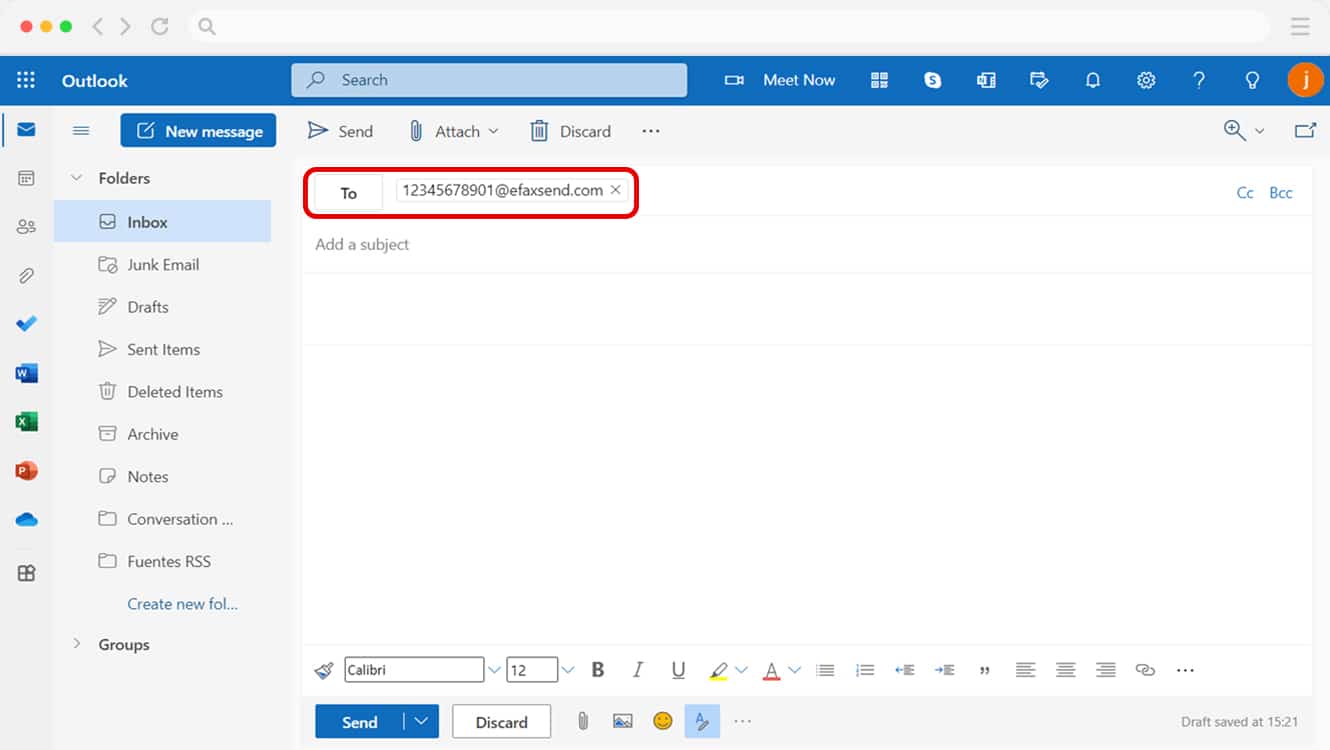 Enter recipient’s fax number in Outlook.