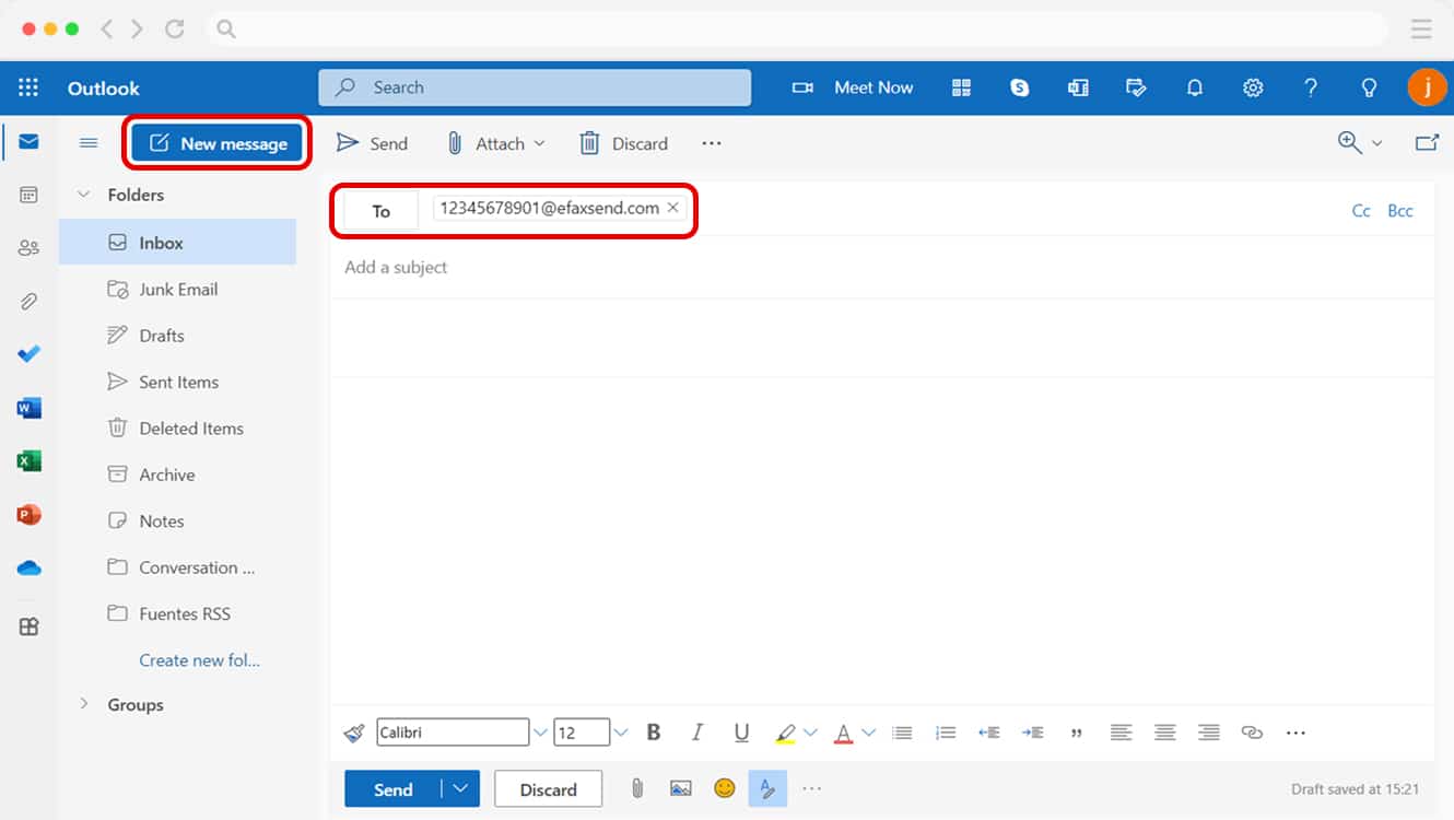 Compose fax email in Outlook.