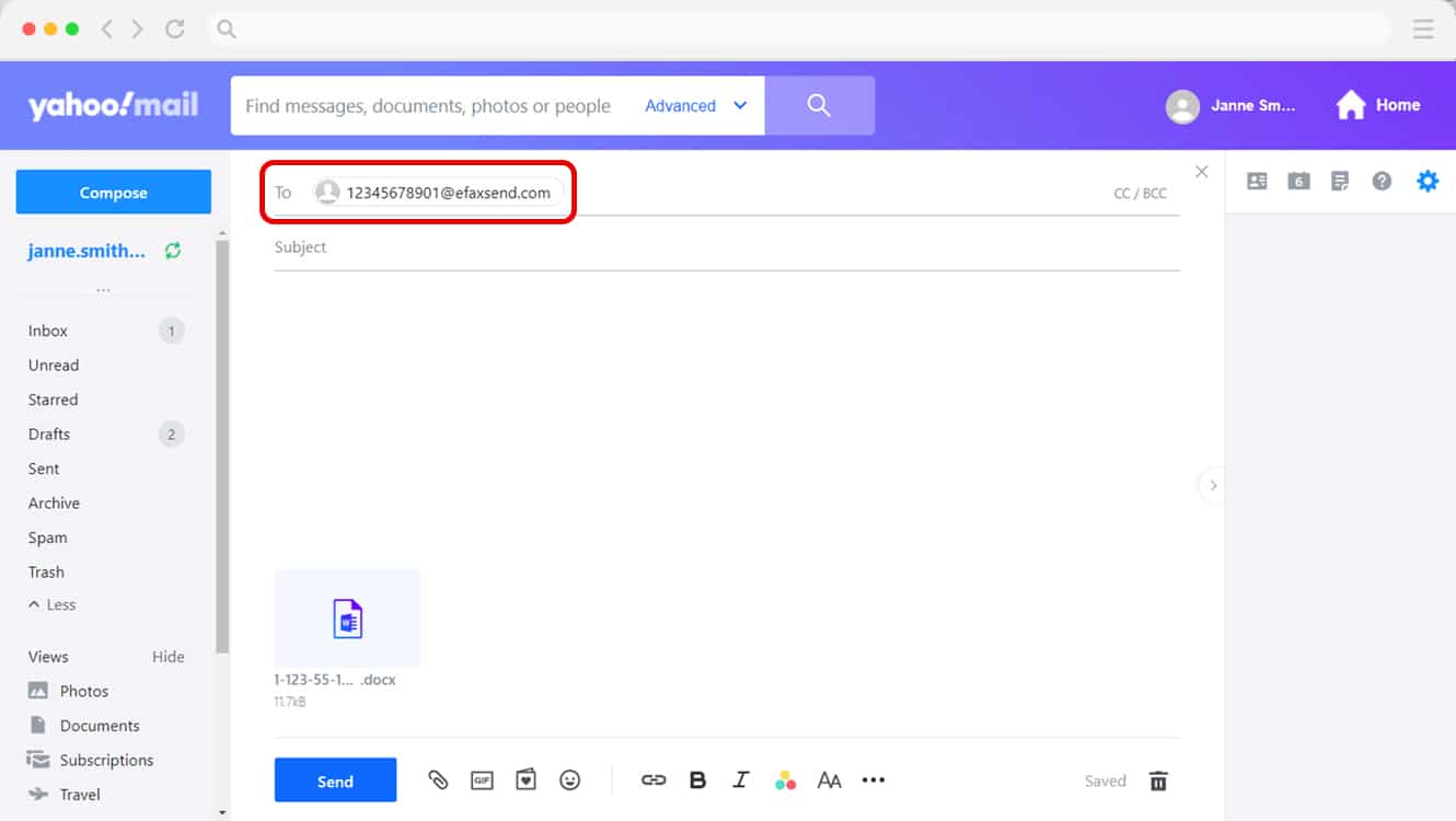 enter fax recipient in Yahoo Mail