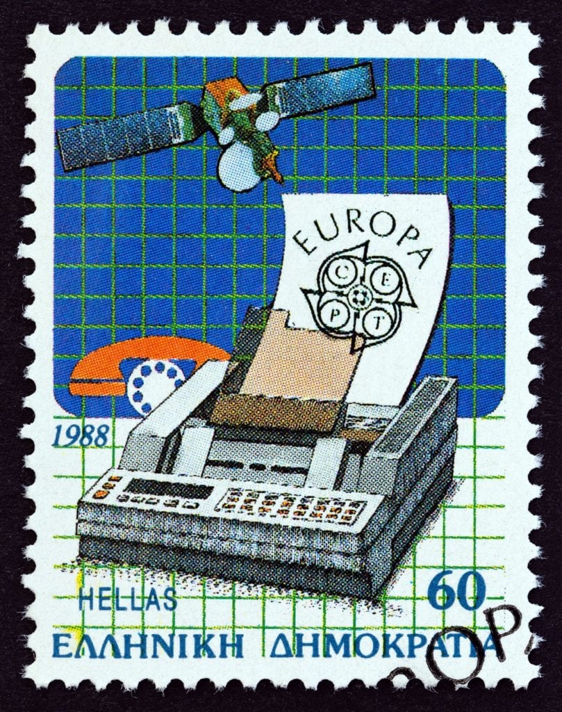 1988 Greek postage stamp featuring a fax machine, a satellite, and a EUROPA CEPT document.
