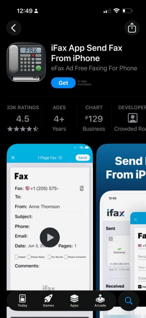 Screenshot of the iFax iOs App Store Page