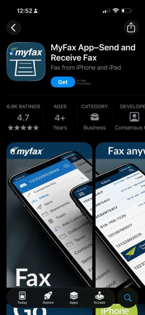 Screenshot of the MyFax iOs App Store Page