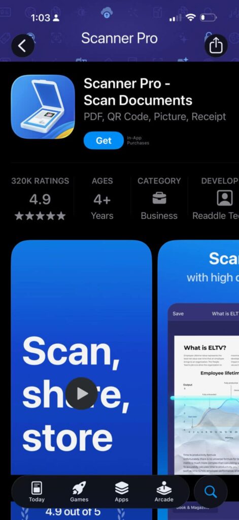 Screenshot of the Scanner Pro with Fax iOs App Store Page
