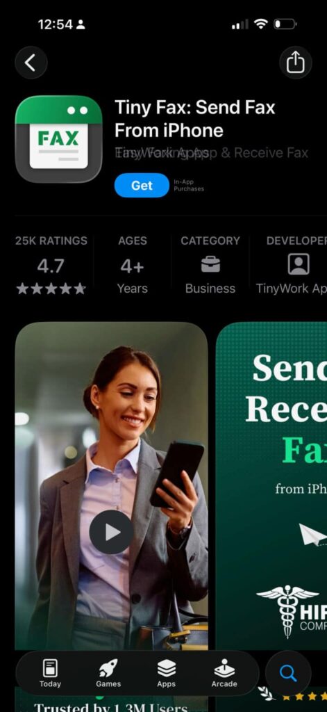 Screenshot of the Tiny Fax iOs App Store Page