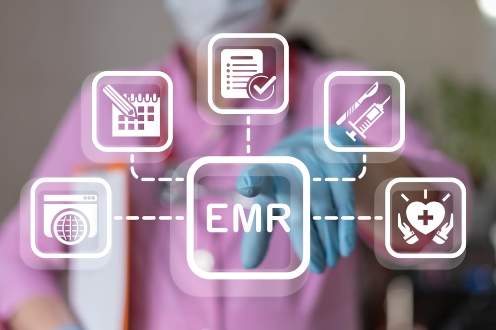 Doctor,Using,Virtual,Touch,Screen,Presses,Text:,Emr.,Electronic,Medical