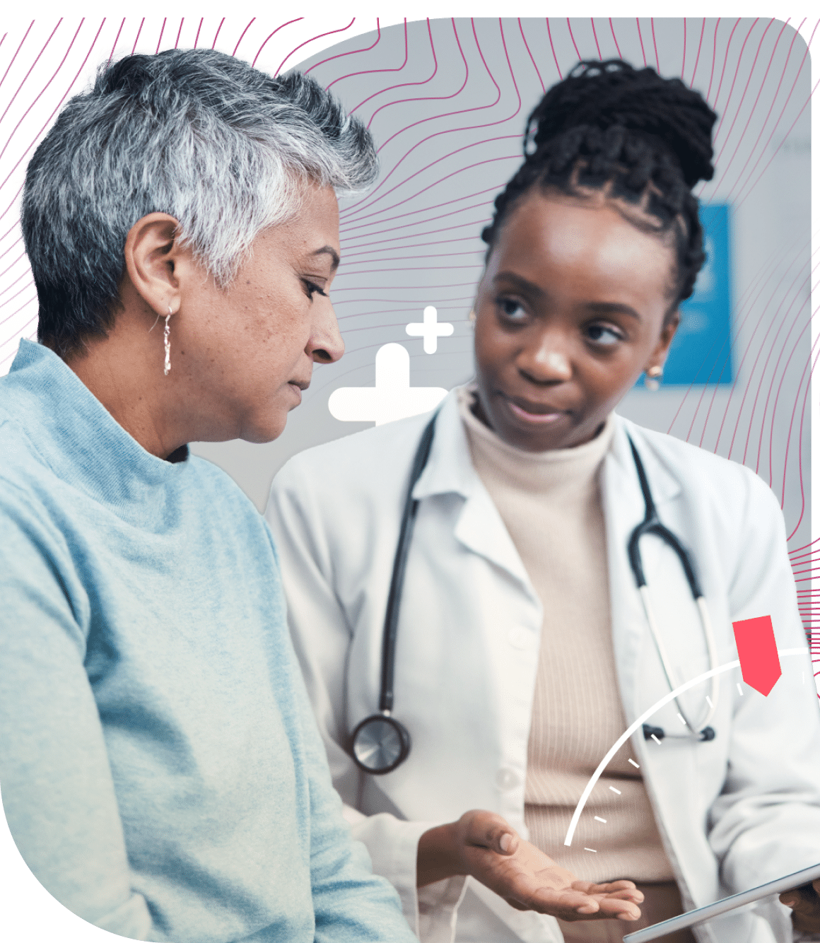 A female doctor in a white coat and stethoscope speaks intently with an older, gray-haired female patient.