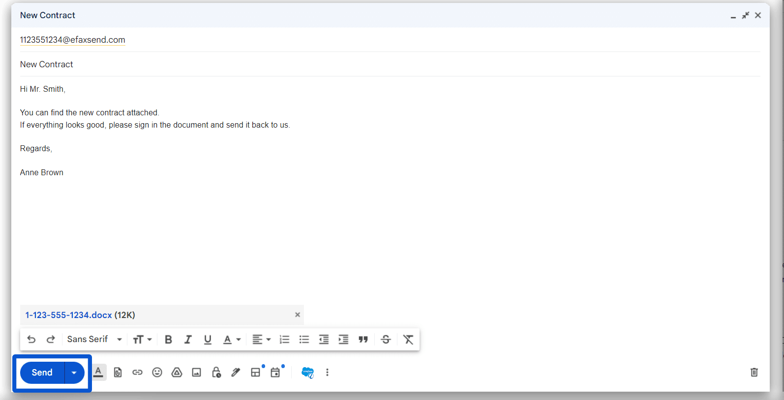 Click the 'send' button to fax the document.
