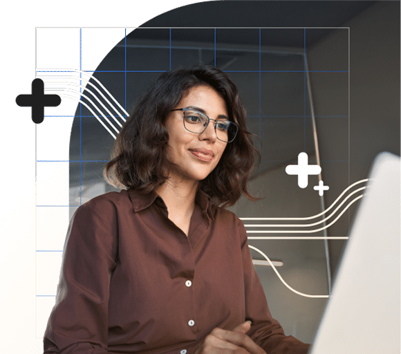 A smiling young woman with dark hair and glasses, wearing a brown shirt, is working on a laptop, with a stylized background featuring graphs and abstract lines.