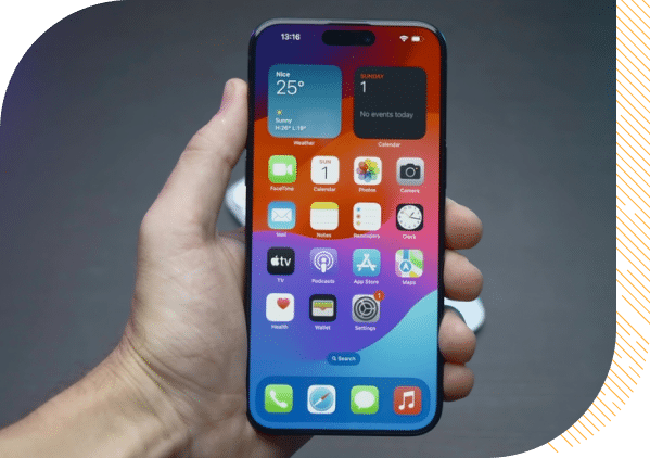 Picture of a persons hand holding a mobile device.