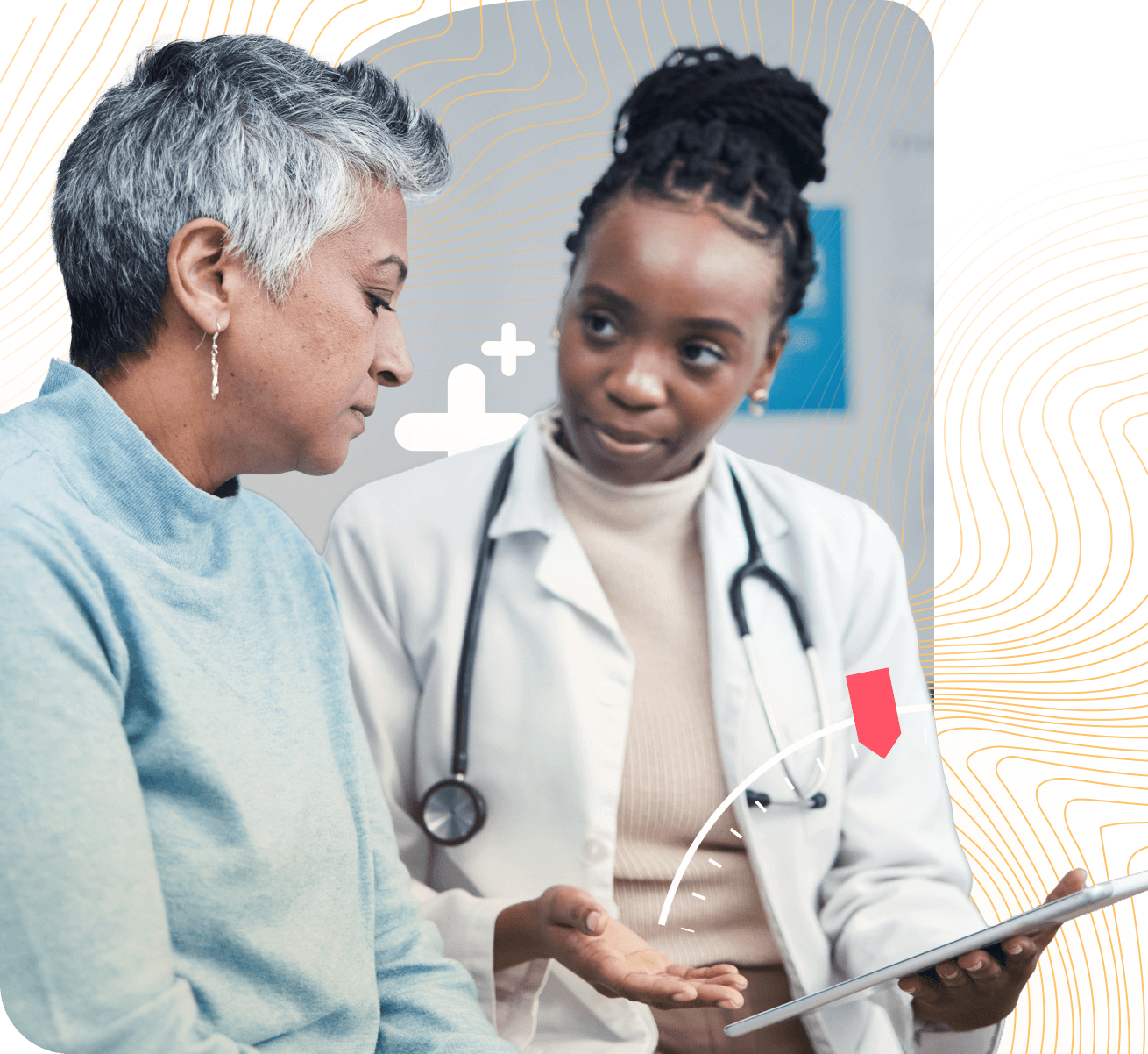 Doctor with patient using eFax Unite™ to securely share and manage healthcare information across systems.