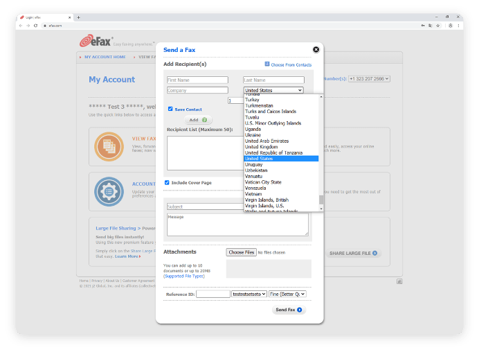 Select the recipient's country from the fax-to country dropdown.