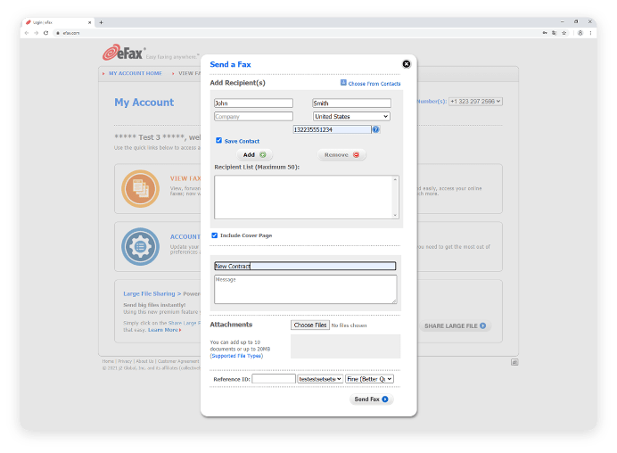 Select 'include cover page' and enter subject and message for the fax cover.