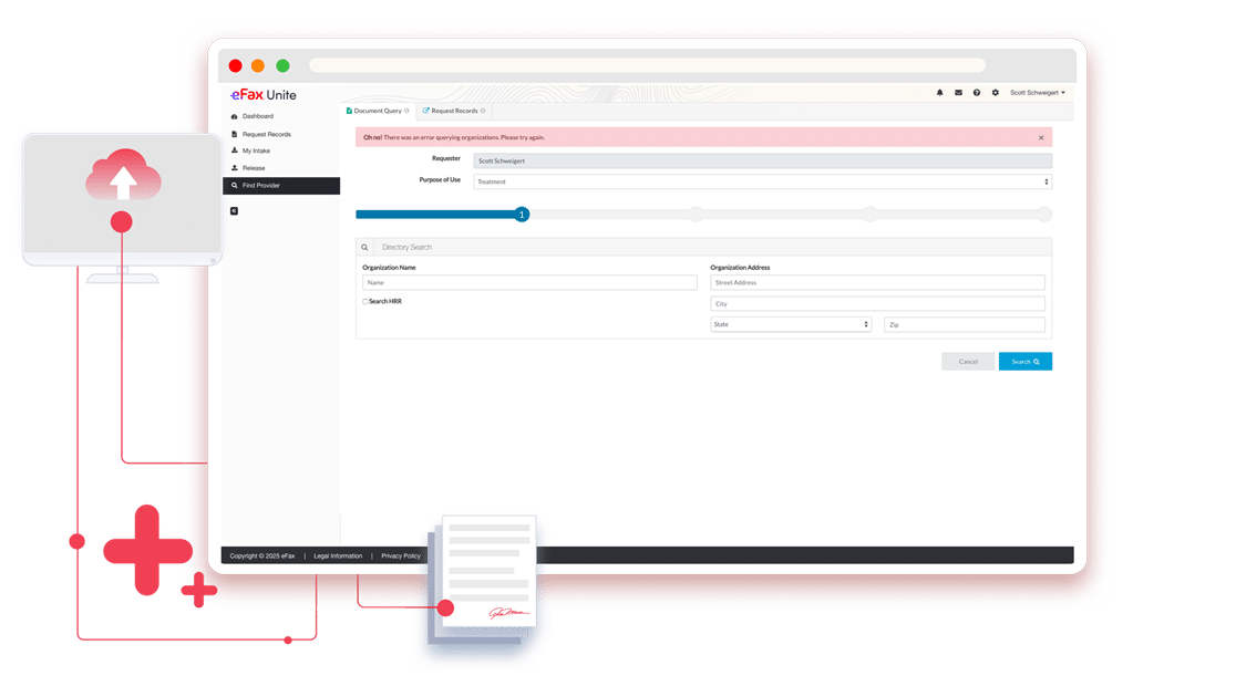 Healthcare provider’s email inbox showing HIPAA-compliant faxes received securely via eFax.